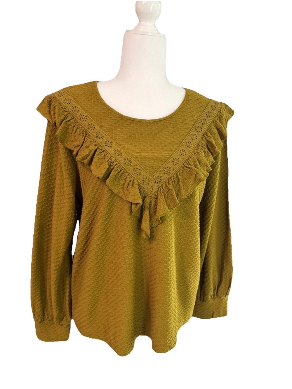 J Crew Top Womens L Mustard Honeycomb Cotton Knit Ruffle Trim Crew Neck Key Hole